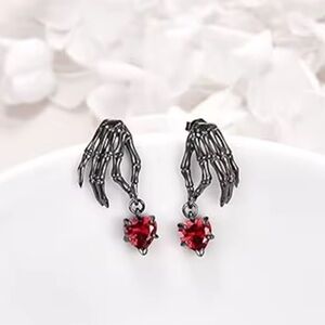 Black Gun Metal Rhodium Skeleton Hands Moving Heart Earrings Halloween Goth
